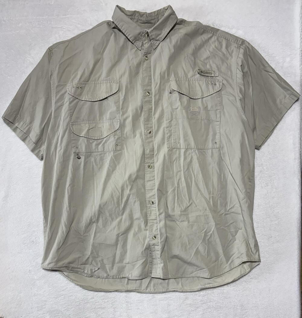 Columbia PFG Shirt Mens 3XL Beige Vented Mesh Fishing Button Up Short Sleeve
